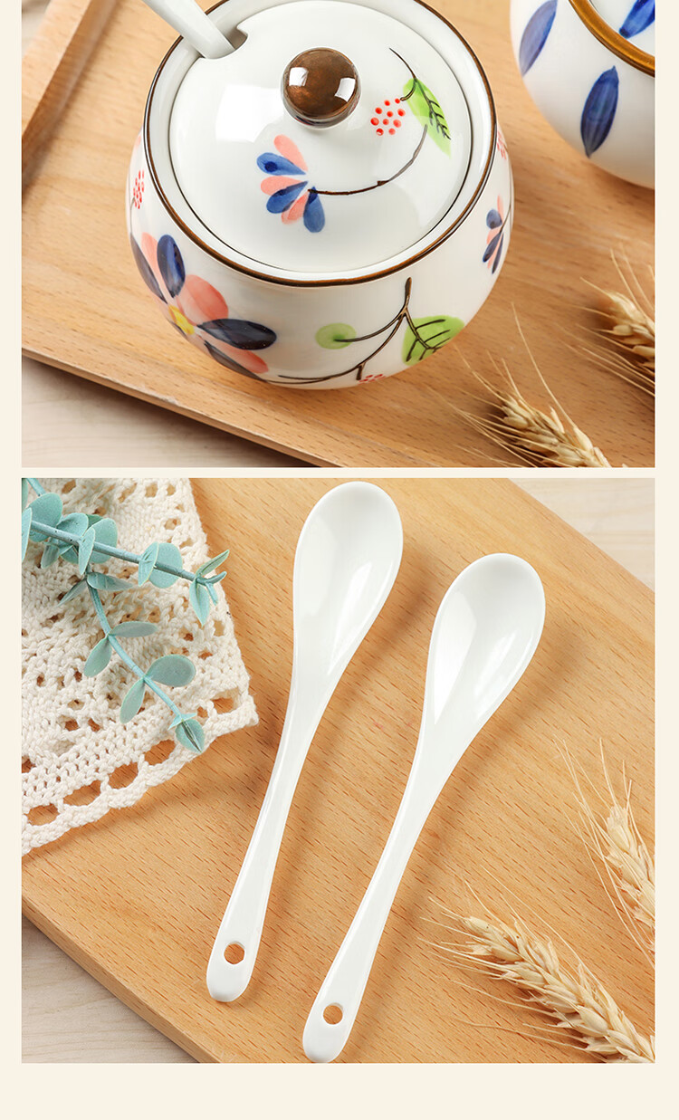 BJ Ceramic Lard Jar Kitchen Seasoning Container with Spoon Salt Jar Spice Container Chili Oil Jar Oil Storage Jar Heat-Resistant 3