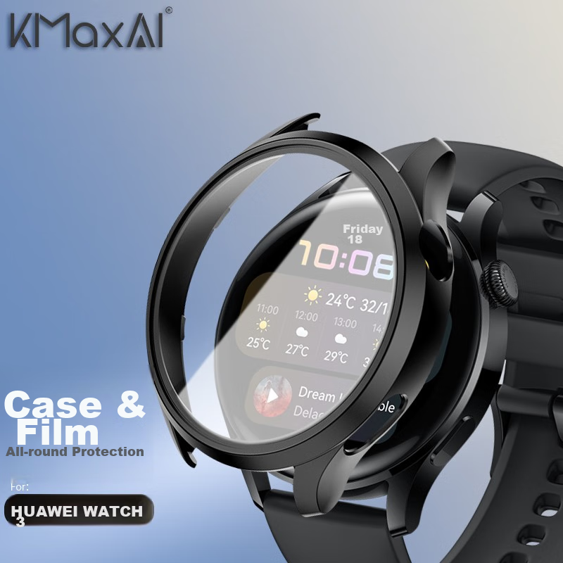 KMaxAI Protective Case with Tempered Glass for Huawei Watch 3, Full Dial Protection Cover, Shockproof Hard Shell, Smartwatch Accessory for Huawei Men's And Women's Watches, Black