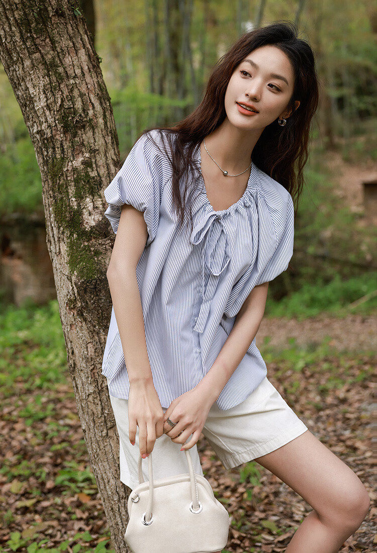 Dme [Academic Style Striped Shirt] Summer Youthful Lantern Sleeve Collar Butterfly Stripe Short-Sleeve Women's Shirt 6