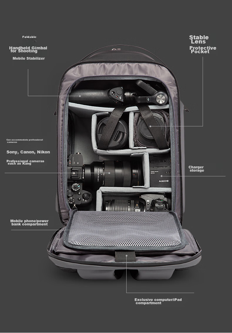 Bange Professional Photography Camera Bag, Drone Disassembly Multifunctional DSLR Mirrorless Camera Backpack, Digital Storage Backpack, Gray 7