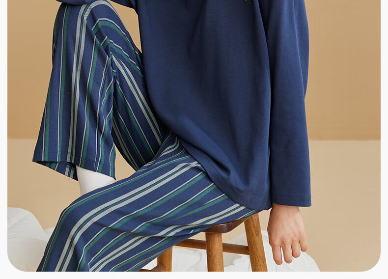 Autumndeer Ultra Soft Pure Cotton Antibacterial Pajamas Women Autumn Long Sleeve Couples Men's Homewear Set Dark Navy Blue Men 2XL 8
