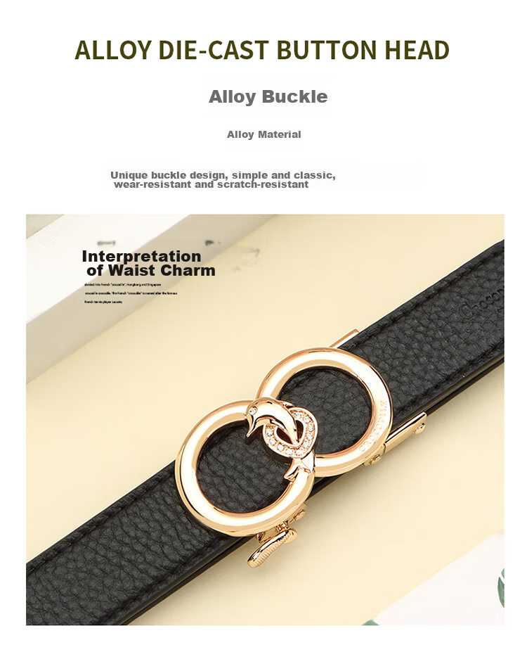 CROCODILE Genuine Leather Women's Belt, Double-Ring Automatic Buckle, Simple Top-Layer Cowhide Waistband, Birthday Gift, T2909 Black 3