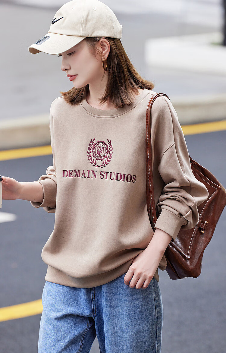 Dme Autumn And Winter New Commuter Round Neck Elastic Textured Letter Air Layer Sweatshirt Women's Top, Gray with Fleece Lining, Size S 15