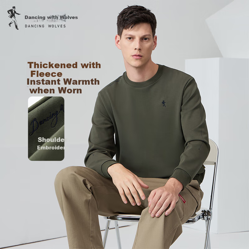 DANCING WOLVES [Fleece-Lined And Thickened] Autumn And Winter Visible Stitch Design Trendy Versatile Round Neck Thick Sweatshirt for Men, 203 Army Green, Size 170