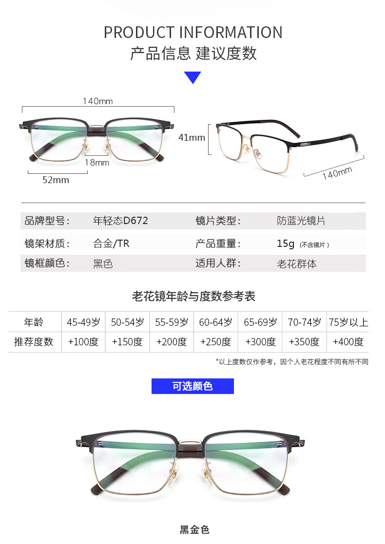 Nianqingtai High-Definition Comfortable Unisex Glasses for Elderly with Single Vision, Ultra-Light Imported Anti-Blue Light Reading Glasses D672 + 150 Degrees 9