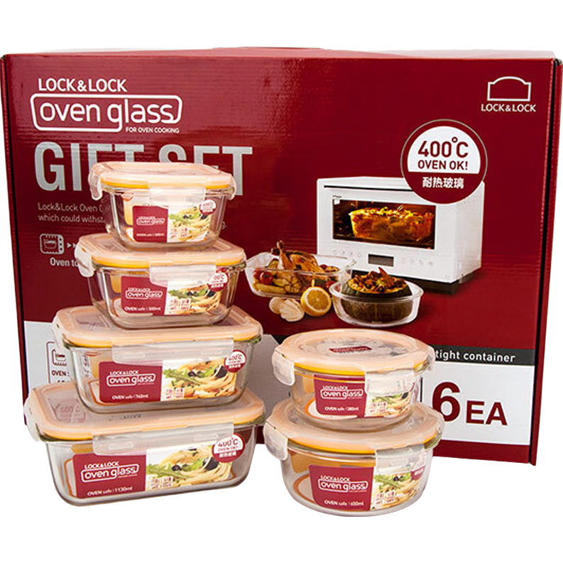LOCK&LOCK Heat-Resistant Glass Food Storage Containers, Microwave-Safe Lunch Boxes, Bento Boxes, Student Fruit And Meal Containers, 6-Piece Set, Dishwasher Safe