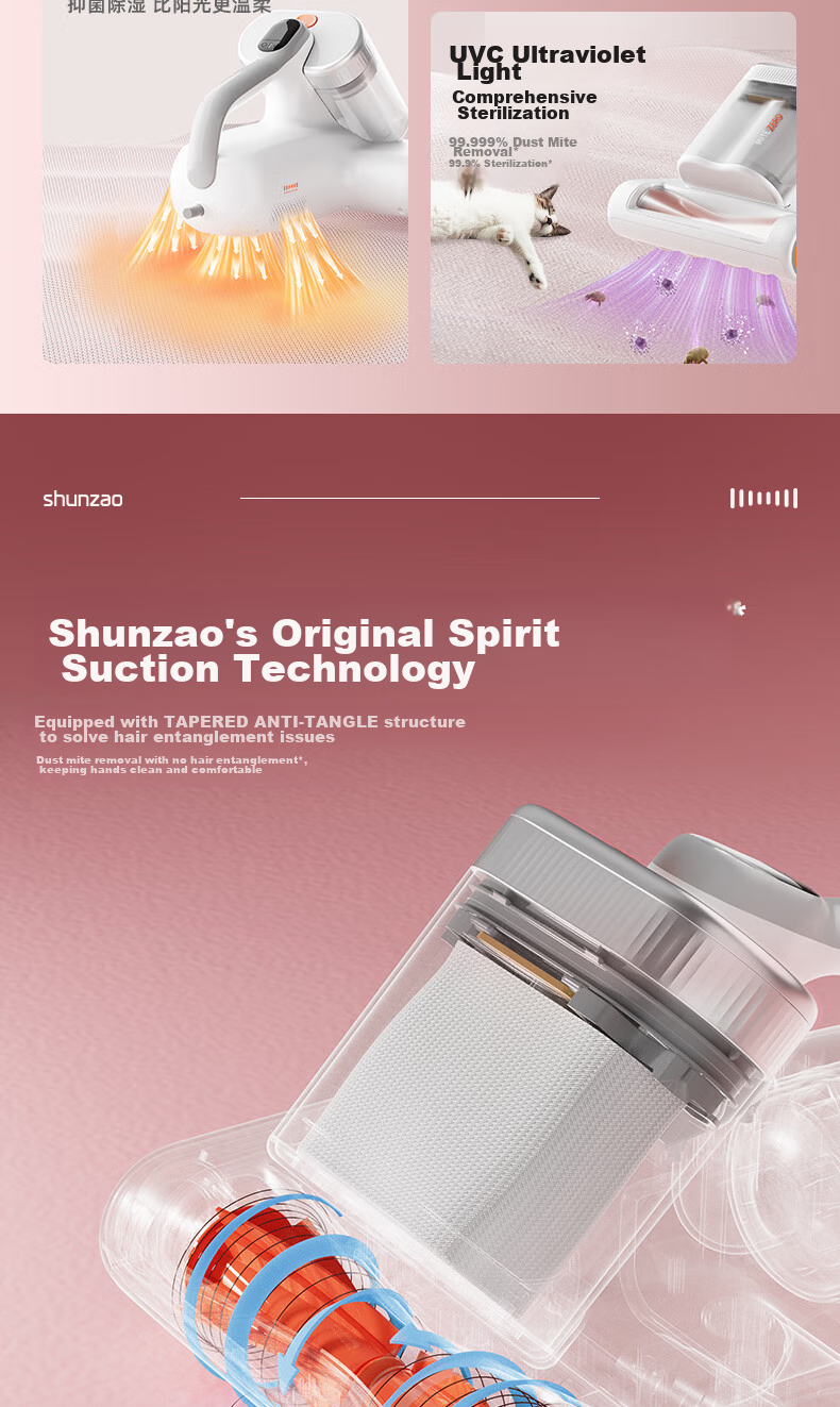 Shunzao Dust Mite Remover Bed, High Suction Dust Bag Model, Anti-Tangling, 3D 68°C Hot Air Drying, Home Bed Vacuum Dust Mite Remover with UV Sterilization, Meimeng W20 Plus 5