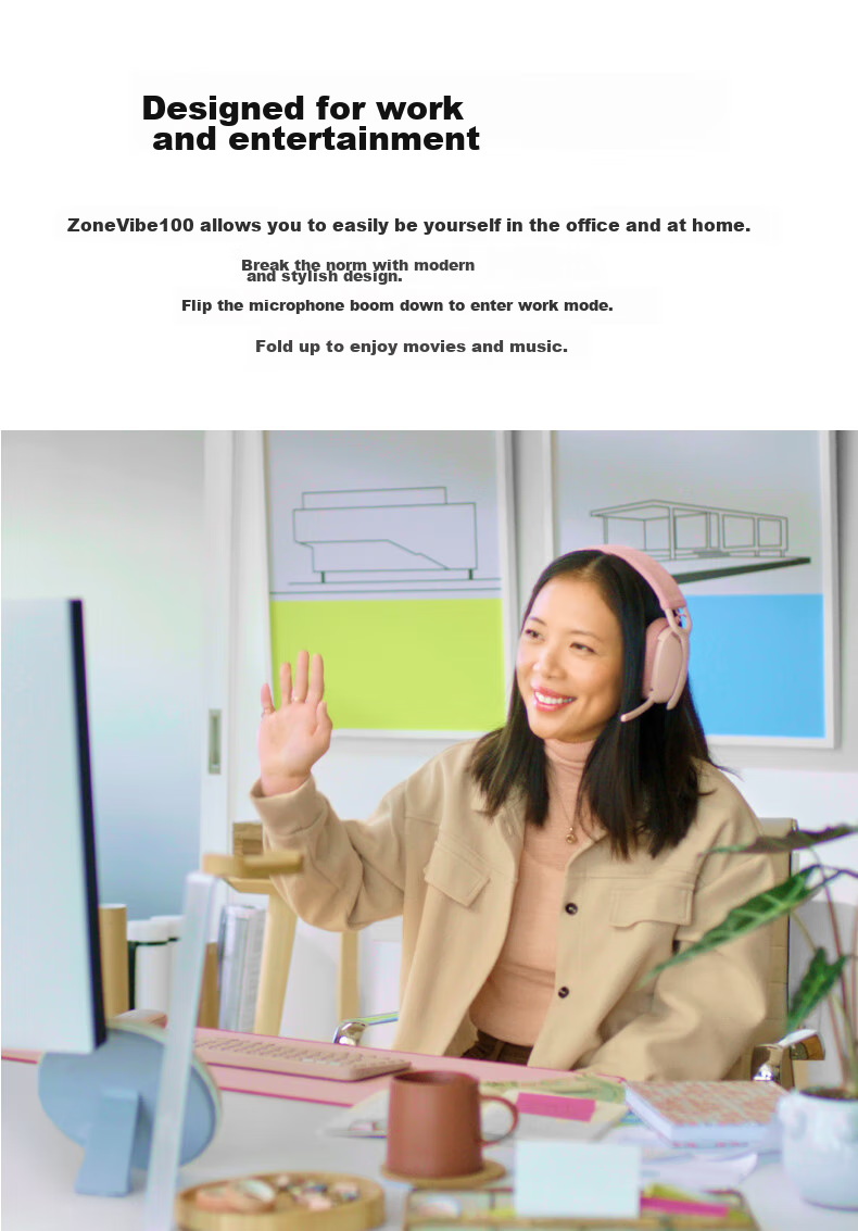 Logitech Zone Vibe 100 Bluetooth Headphones for Music, Office, And Casual Use with Microphone, Pink (A00167) 3