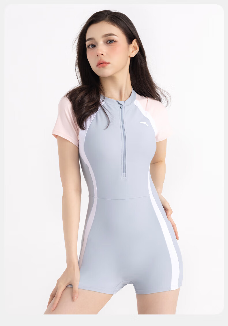 ANTA Slim Waist One-Piece Swimsuit for Women, New Style Swimming Boyshorts, Conservative Slimming Hot Spring Resort Swimwear, Gray-Blue 2XL 11
