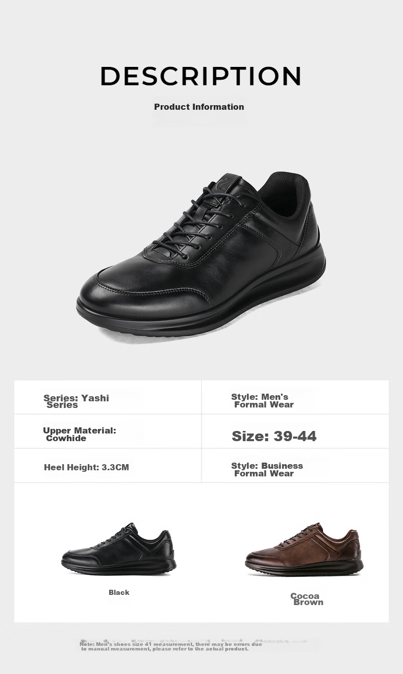 ECCO Formal Shoes, Height-Increasing Cowhide Casual Leather Shoes for Men, Yashi Men's Shoe Series 207124, Black, Size 42 10