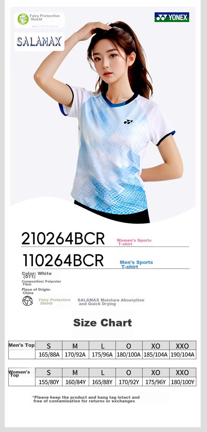 YONEX Badminton Shirt for Competition Training, Running, Fitness, Sweat-Wicking, Breathable Short Sleeve for Women 210284BCR White O 24