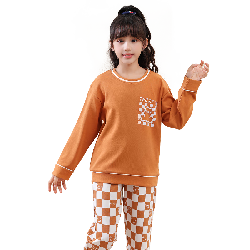 MiiOW Kids Girls' 40S Cotton Plaid Long Sleeve Pajama Set Spring Autumn Orange Size 130