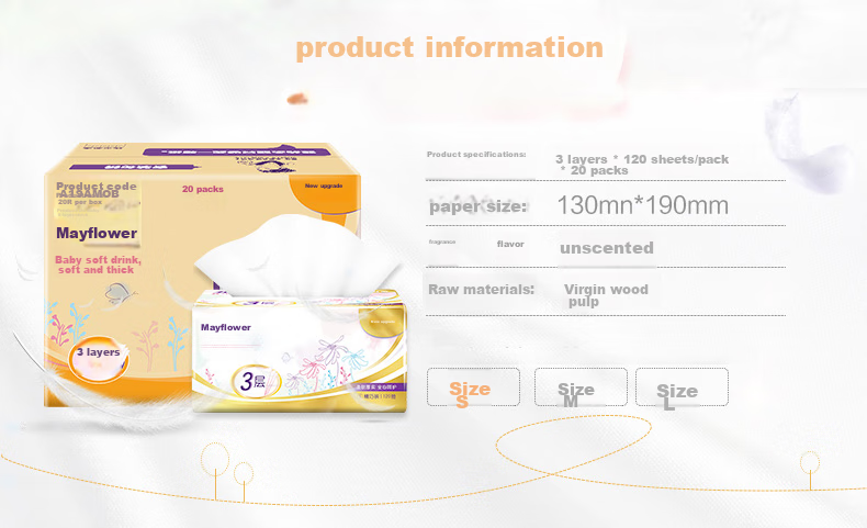 May Flower Facial Tissues, 3-Ply, 120 Sheets*20 Packs, Size S, Soft And Thick, Gentle on Skin, Whole Box Packaging 2