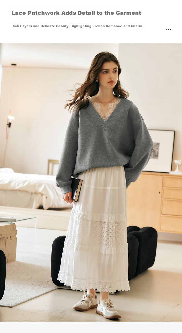 Oulain French V-Neck Sweatshirt for Women, Spring New Style Distinctive Lace Casual Pullover Top, High Gray, Size S 7