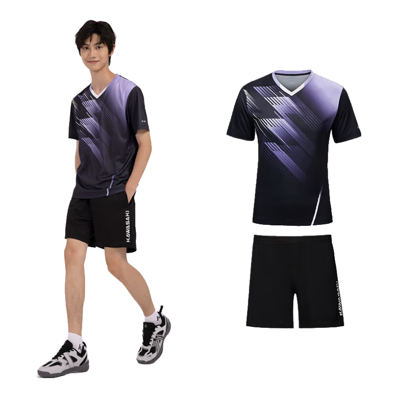 KAWASAKI Badminton Outfit for Men, Professional Sports V-Neck Short Sleeve + Shorts Set B1813, Black, XL