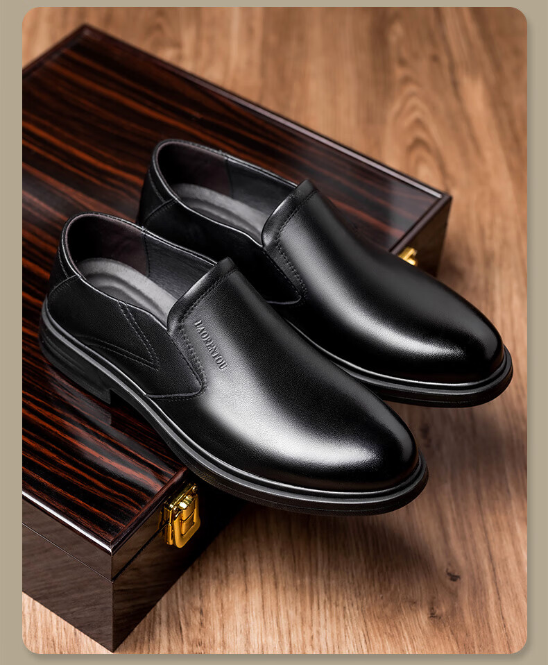 LAORENTOU Men's Leather Shoes, Casual Shoes, Men's Top-Grain Cowhide, Simple Business Formal Slip-On Shoes, LA51 Black, Size 40 6