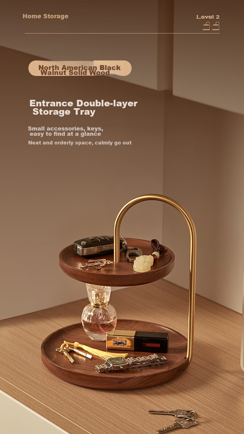 Chuxin Solid Wood Double-Layer Multifunctional Storage Rack, Brass Bracket, Walnut Key Rack, Dressing Table, Living Room Entrance Decoratio 1