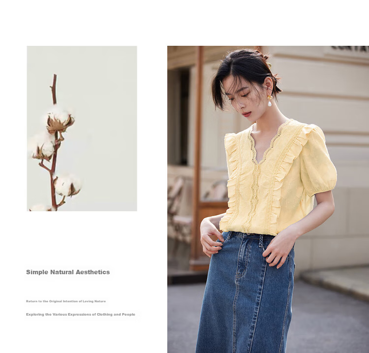 INMAN INMAN Lace Pure Color V-Neck Blouse, 2026 Summer New Arrival, Puff Sleeve Short-Sleeve Top, Pearl White, XL 56