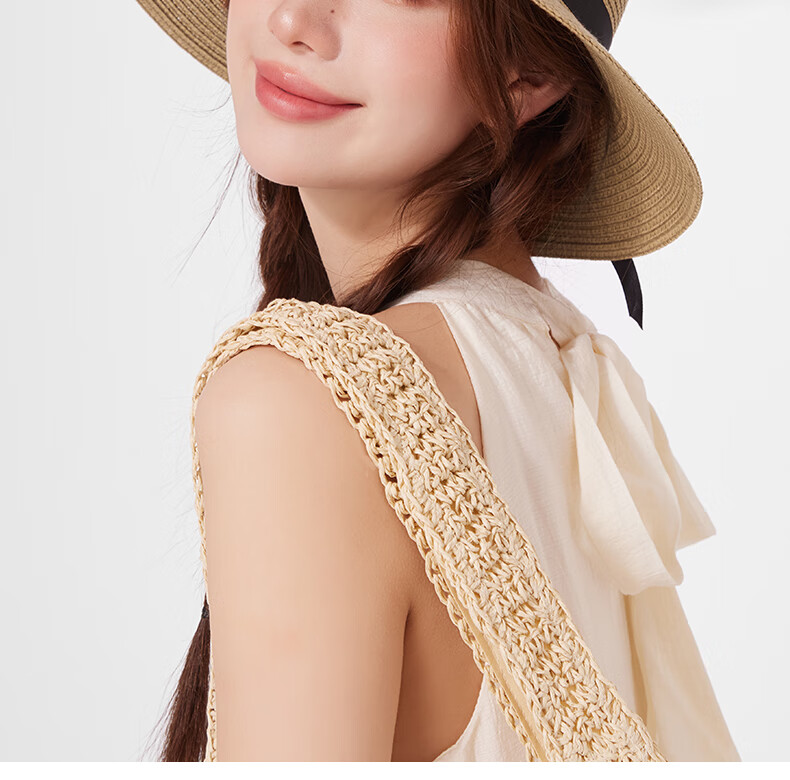 CACUSS Women's Sun Protection Hat, Spring And Summer Straw Hat, Sun Visor, Fisherman Hat, Beach Outdoor Sweet Bow Tie Khaki 2