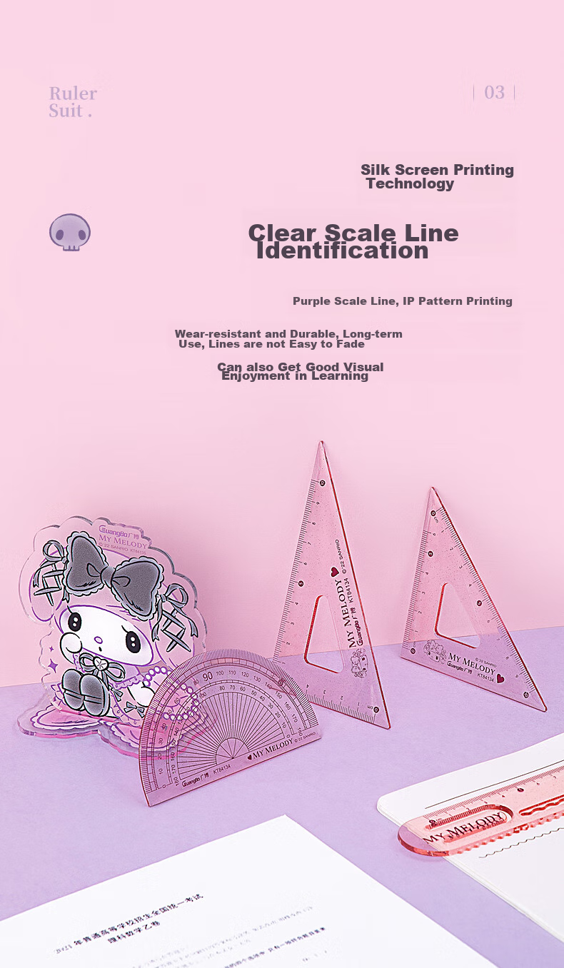 GuangBo Sanrio Collaboration Transparent Triangle Ruler Set, Exam-Specific Student Straight Ruler Drawing Tool, Primary School First Grade Wavy Ruler, Random Color KT84134 5