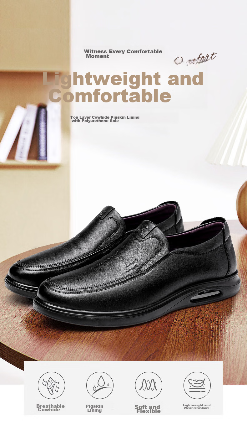 Qiangren Business Casual Shoes, Top-Grain Leather Slip-On Men's Shoes, Soft Upper And Sole, Work Dress Shoes, JD351047, Black, Size 40 1