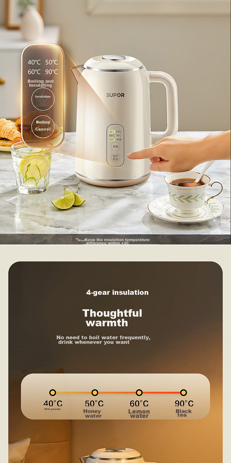 SUPOR 1.5L Temperature Display Kettle with Side Display, 316L Stainless Steel, Multi-Temperature Adjustment And Heat Preservation, Electric Kettle for Breast Milk And Baby Formula, SW-15T75A 4