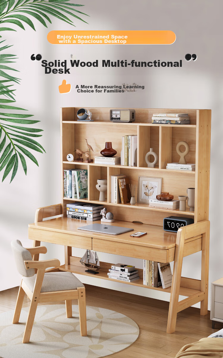 Huazhou Desk, Home Modern Minimalist Computer Desk, Bedroom Study Table with Bookshelf, Office Desk, 0.9 Meter, Walnut Color, Single Desk 1