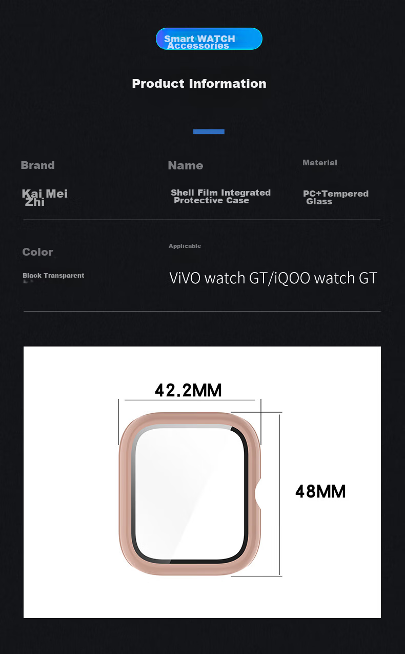 KMaxAI Protective Film And Case for Vivo/iQOO WATCH GT, Integrated Full Coverage, Watch Dial Screen Protector & Protective Cover, Anti-Fingerprint Hard Shell + Tempered Glass Film, Black 11