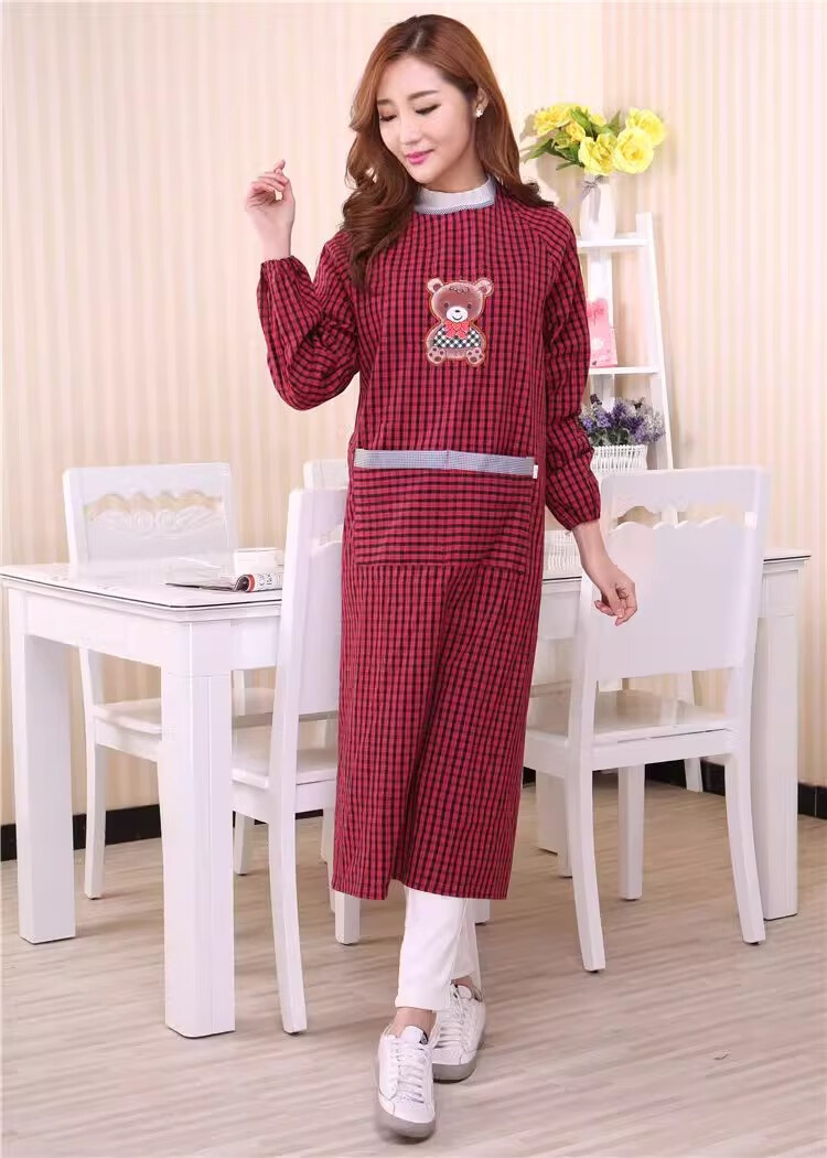 Minggu Long Sleeve Apron Cotton Coarse Cloth Reversible Work Apron Red Mixed Plaid Length 118CM CW667350 7