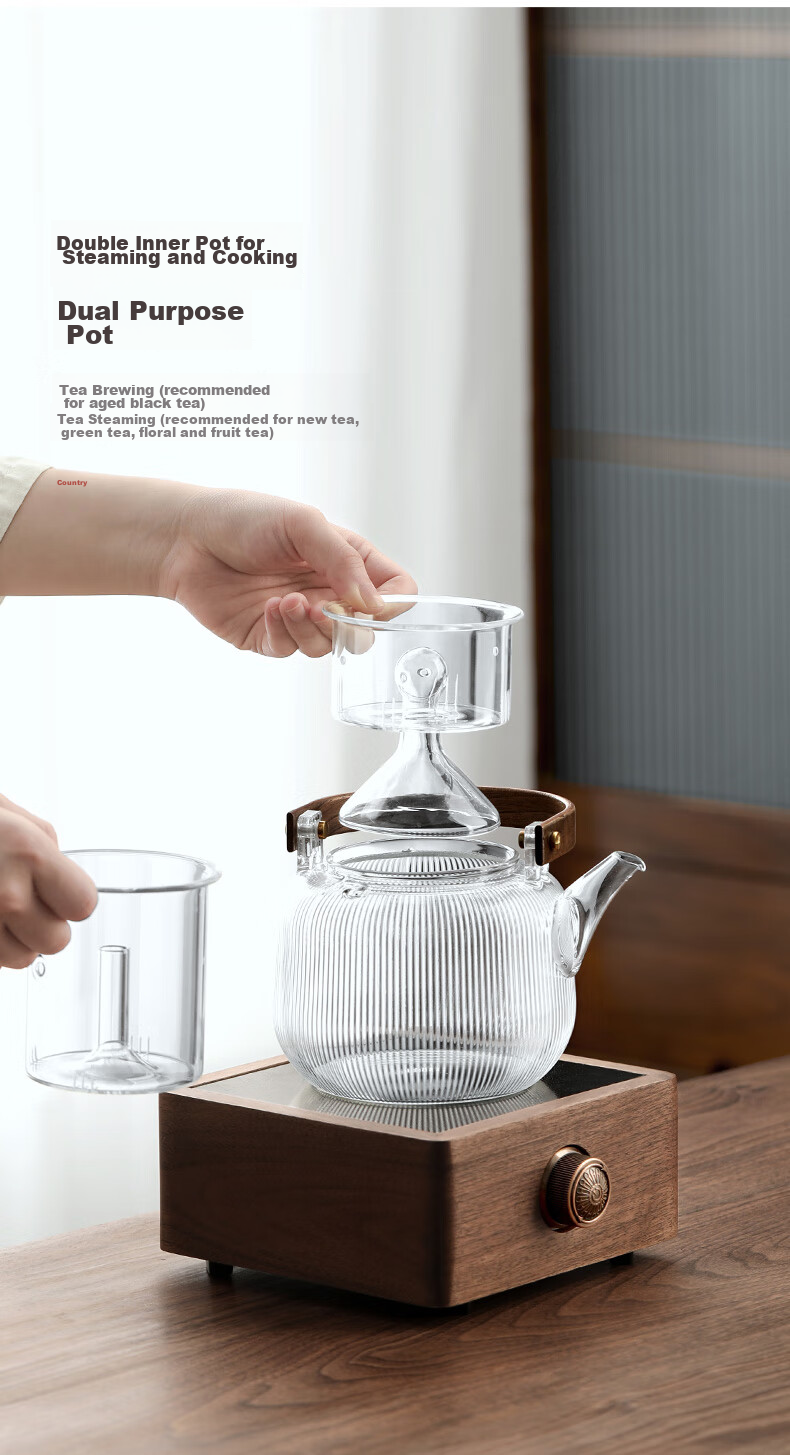 Shangyanfang Walnut Wood Electric Ceramic Stove Tea Maker, Small Office Single-Person Glass Tea Pot, Electric Water Boiler, Tea Stove Set 6