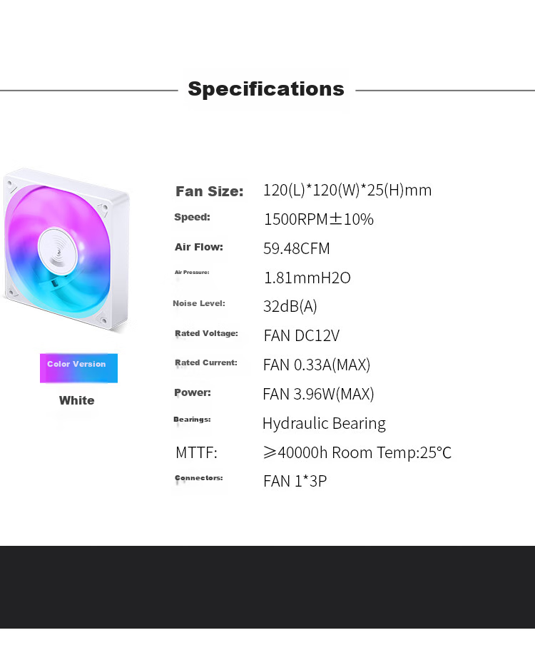 JONSBO SL-120CW Colorful White Edition, 12CM Case Fan (LED Light-Up Fan/3PIN Male-Female Connector, Can Be Connected in Series) 13