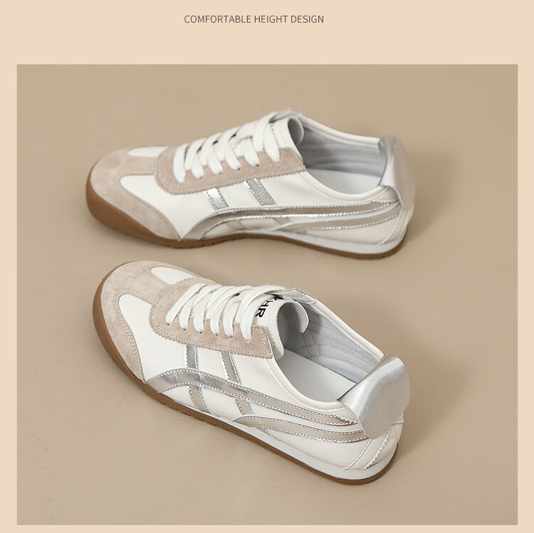 ZHR Dexun Women's Versatile Stylish Casual White Sneakers, Lightweight Flat Sports Shoes for Women, BT102, Beige Silver, Size 40 21