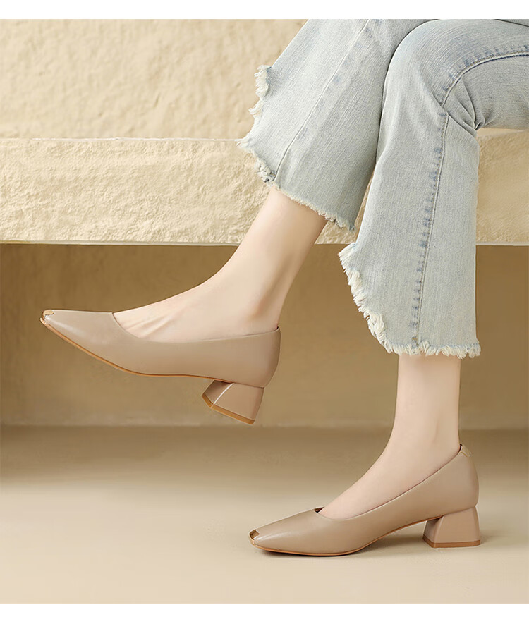 ZHR Women's Single Shoes, Shallow Mouth, Lightweight, Versatile Boat Shoes, Elegant Chunky Heel, Height-Increasing Women's Shoes, EH59, Beige, Size 37 3
