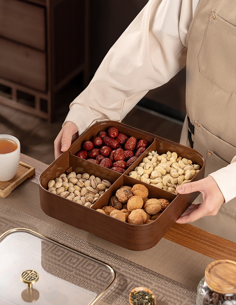 CAIZHI Dried Fruit Plate, Fruit Bowl, Living Room High-End Wood-Like Nut Snack Box, Candy Storage Container, 4-Compartment Fruit Plate CZ6867 17