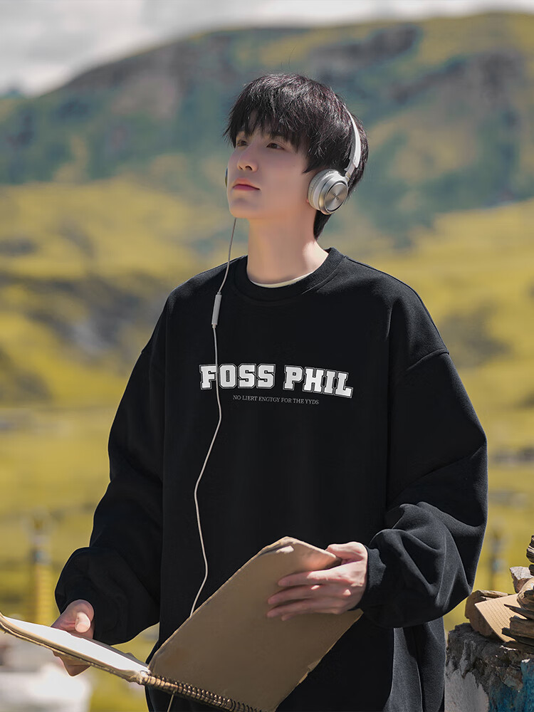 Foss Phil Men's Crew Neck Sweatshirt Autumn Winter Long Sleeve Printed Loose Casual Base Shirt FPW2 White M 10