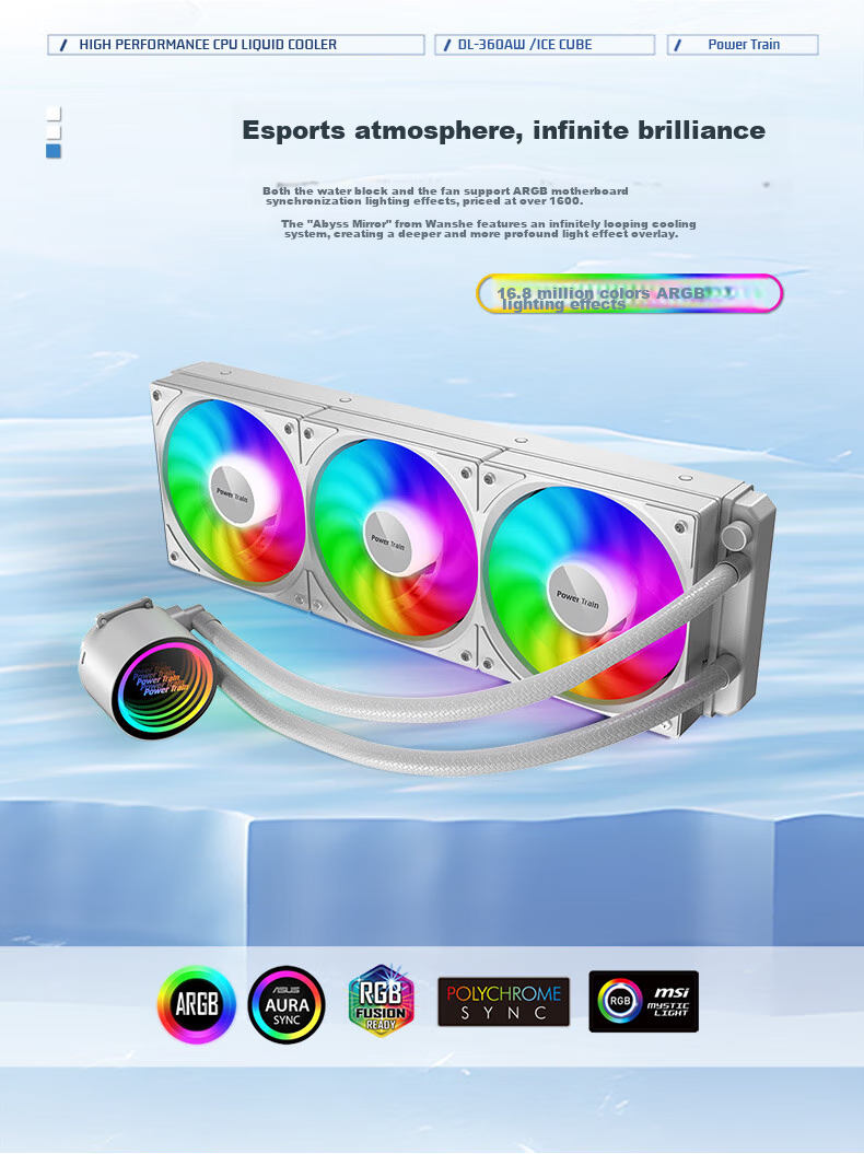 PowerTrain Ice Cube DL360 Integrated Water-Cooled White CPU Cooler ARGB Lighting Synchronized Case for Desktop Computer Host 1700/1200/1150/1151/AM4/AM5 4