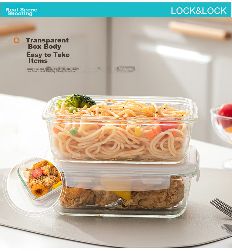 LOCK&LOCK Heat-Resistant Glass Food Storage Container Set, Microwave-Safe Lunch Box, Sealed Bento Box, Meal Container, 750ml*2 + 600 Divider + Bag 9