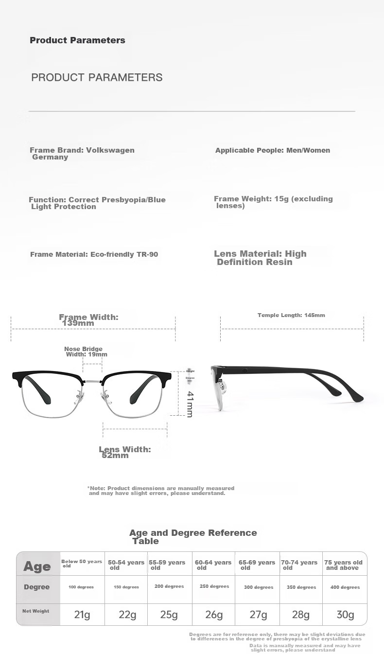 Volkswagen German Imported Brand Reading Glasses, Business Men's High-Definition Anti-Blue Light Glasses for Women, Brand Gift, 607-250 Degrees 3