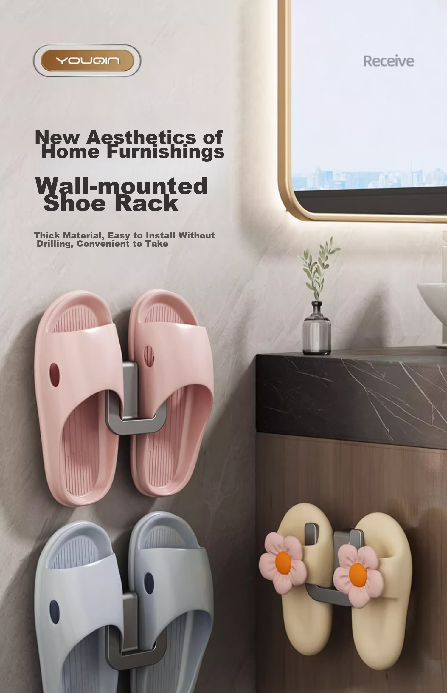 YOUQIN Slippers Storage Rack, No Drilling Required, Wall-Mounted Bathroom Slipper Holder, Behind-Door Shoe Rack with Drip Hooks 1