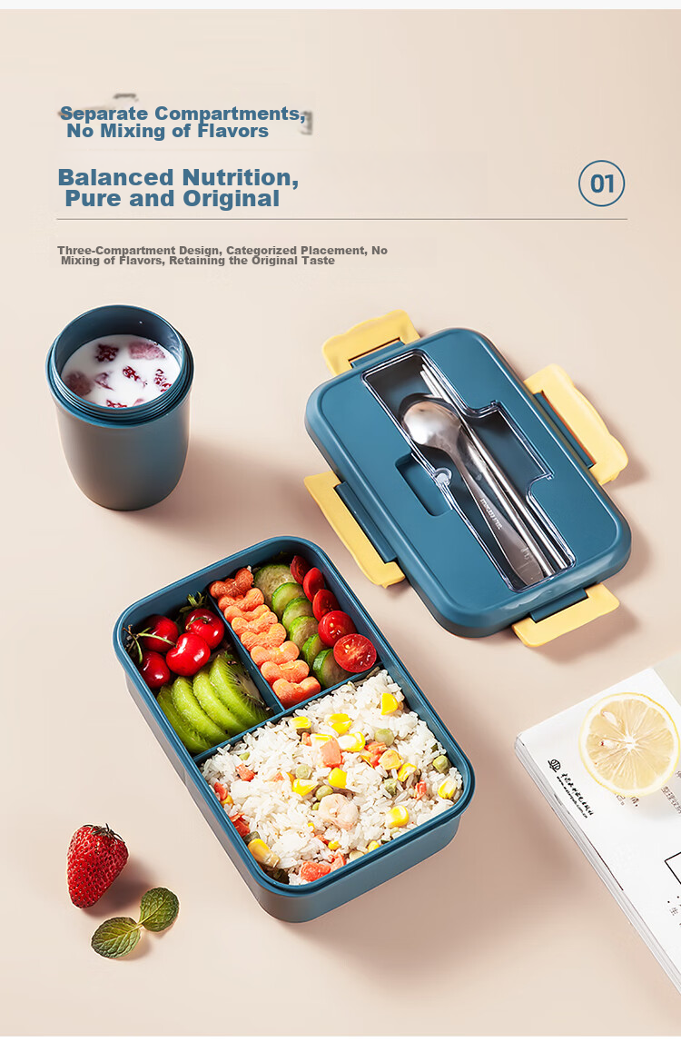 MAXCOOK Microwave Lunch Box, Wheat Straw Large Capacity Deep 3-Compartment Student Lunch Box 1200ml Blue MCFT550 1