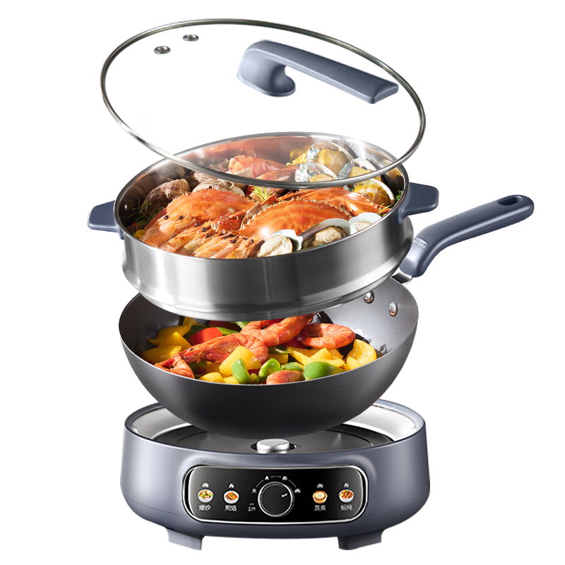 SUPOR Cast Iron 0 Fluorine Electric Wok, Detachable Electric Cooking Pot, Electric Hot Pot, Electric Steamer, Multi-Functional Home All-In Electric Cooking Pot for Steaming, Boiling And Stir-Frying 4.7L CJ30RF865 with Steamer Basket