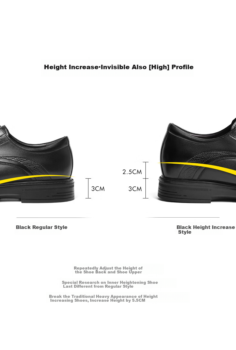 Belle Men's Business Leather Shoes, Shock-Absorbing Comfortable Formal Work Shoes 8AA01AM5 Black - Height-Increasing Version 43 14