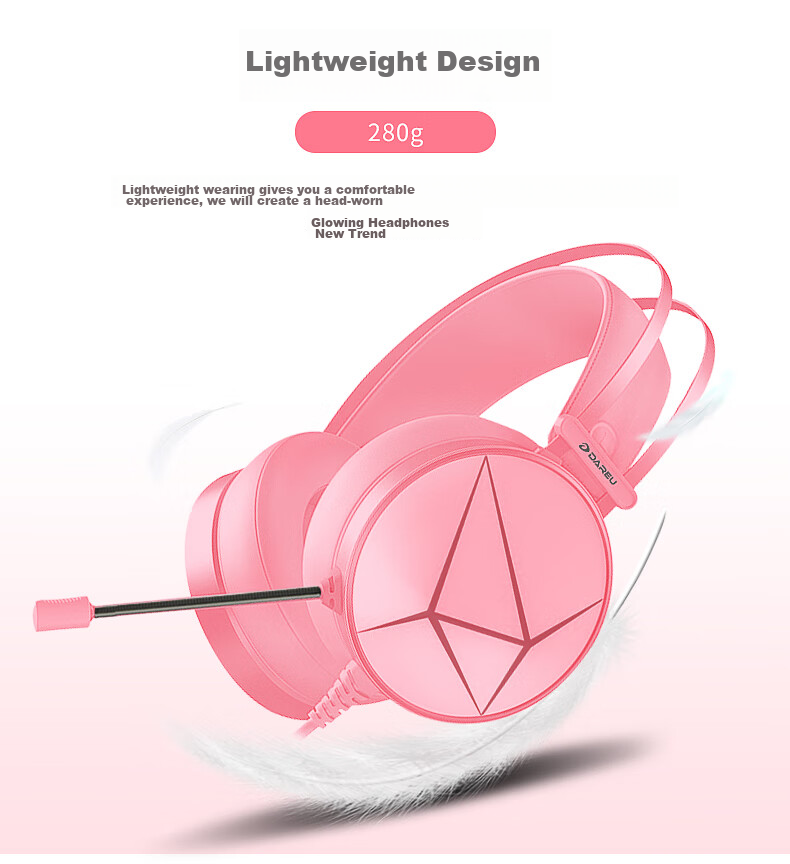 DAREU EH722RGB Edition Gaming E-Sports Noise-Cancelling Headset Wired Over-Ear with Microphone for PC 7.1 Channel Sound Positioning for PUBG And Other Games Pink And White 7