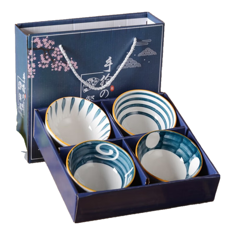 Taixinxing 4.5-Inch Underglaze Color Bowl And Chopsticks Set, Wedding Banquet Gift Set, Four Bowls And Four Chopsticks in Gift Box, Qingyao