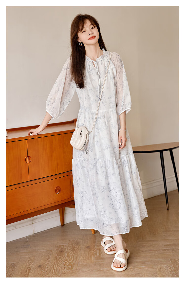 Dme Floral Print Pleated Dress Summer Fresh Three-Quarter Sleeve Long Dress, Floral Print, Size L 1