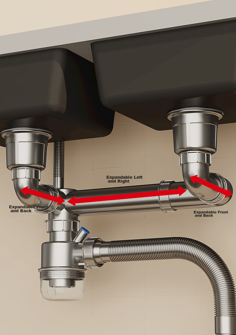 DU PONT Kitchen Sink Drain Pipe Fittings, Sink Drain Assembly, Double Sink Drainage System, Pipe Set for Washing Dishes And Vegetables, PJ022 17