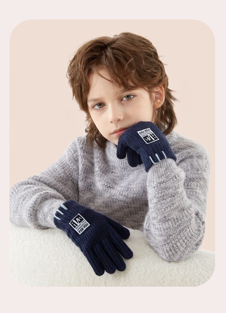 Duomiaowu Children's Gloves, Winter Boys' Warm Full-Finger Knitted Woolen Gloves, Boys' Writing Gloves, C5609 Navy Blue 6