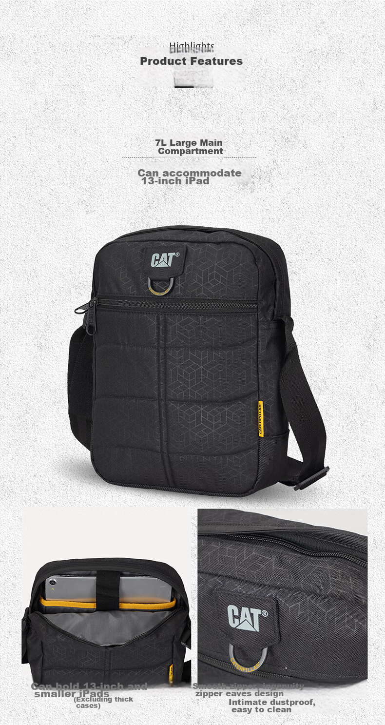 CAT Crossbody Bag, Casual Shoulder Bag, 13-Inch IPad Bag, Simple Classic Medium-Sized Messenger Bag, Men's And Women's Dark Pattern Black, 84058 5