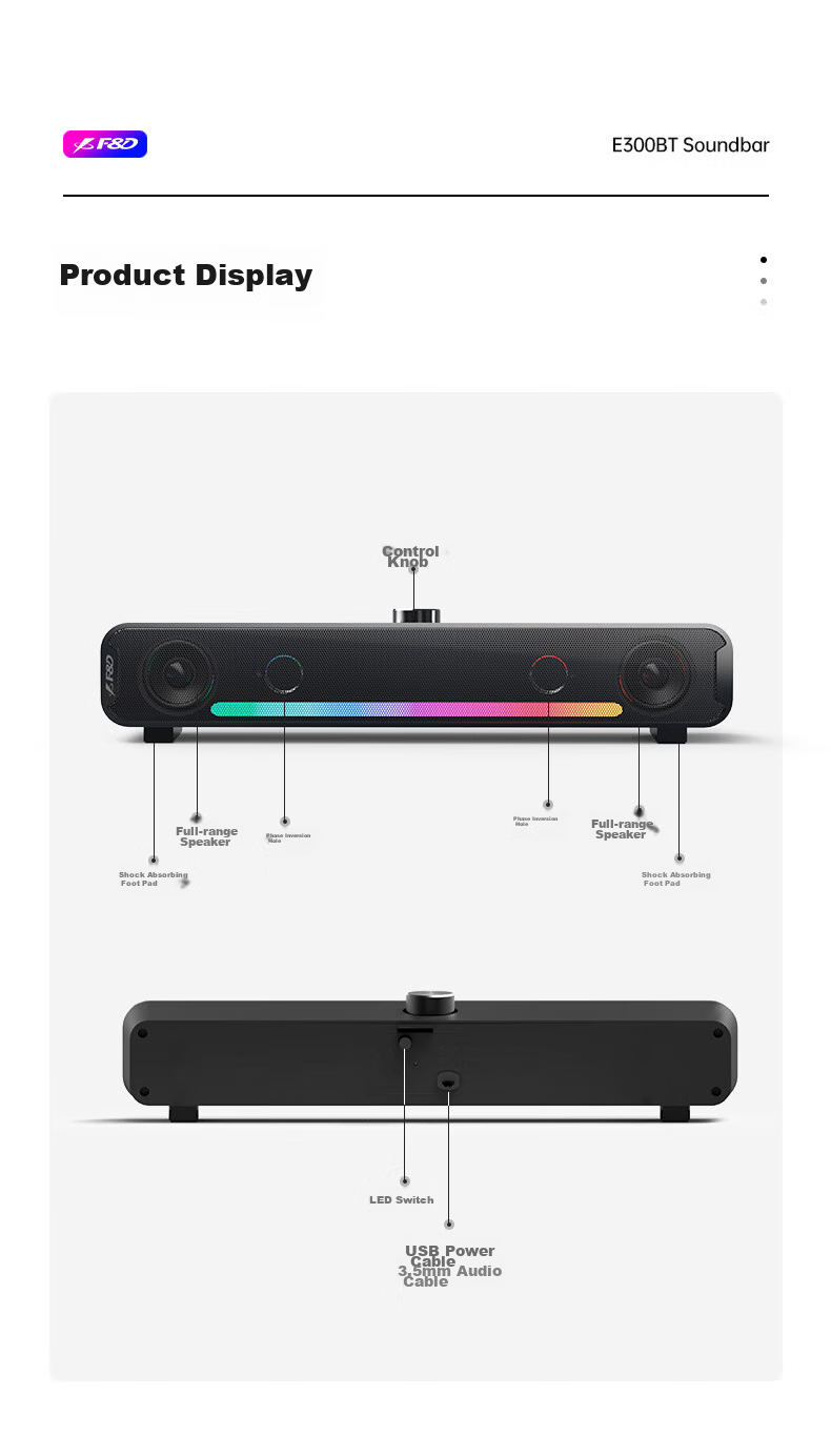 F&D E300BT Desktop PS5 Gaming Speakers, Bluetooth/Wired Dual-Use, Stereo Sound, RGB Colorful Lighting, Desktop And Laptop Long Bar Speaker 11