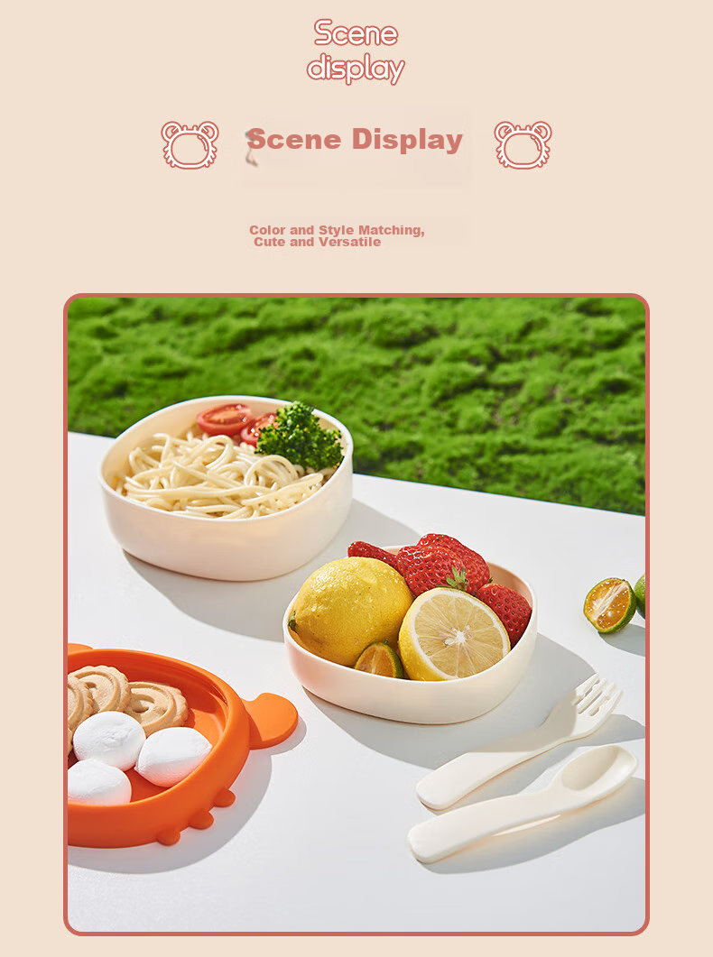 HOY BELL Baby Dining Plate with Suction Cup, Silicone Children's Cutlery, Learning to Eat Divided Feeding Bowl, Green Fork And Spoon 3-Piece Set 18